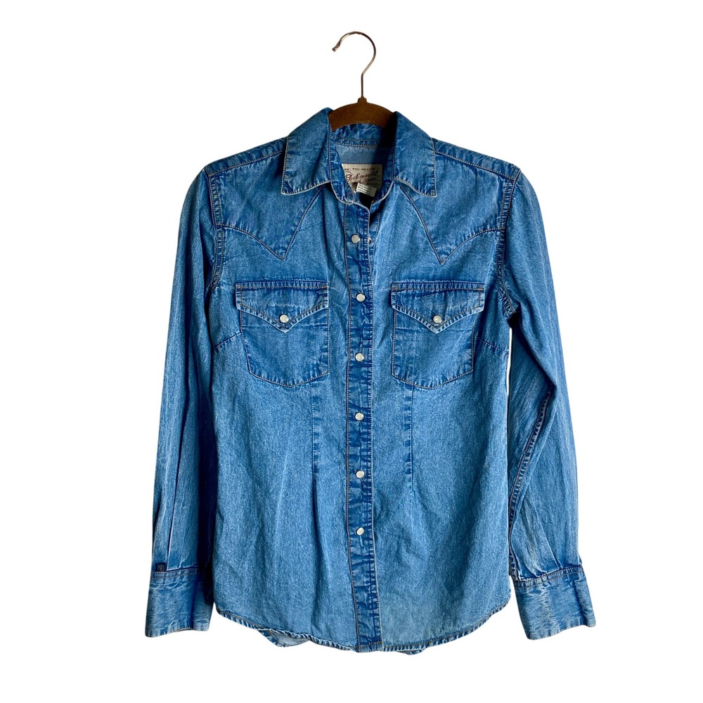 Rockmount Ranch Wear Western Denim Snap Shirt Womens XS Acid Wash Pearl Snap